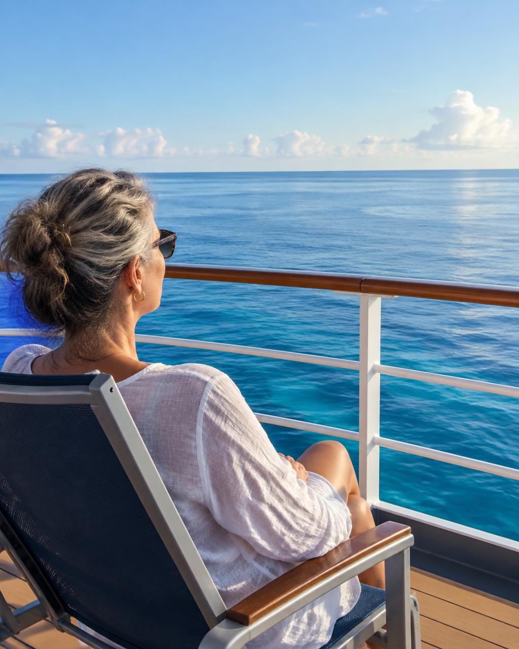 A woman sitting on a ship deck gazing out over the calm blue ocean