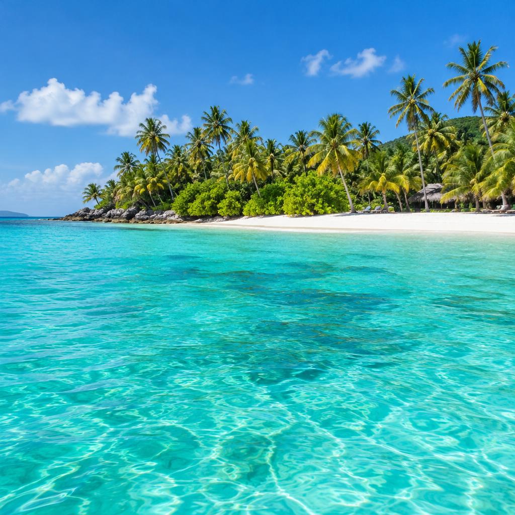 A tropical island beach with palm trees and turquoise water