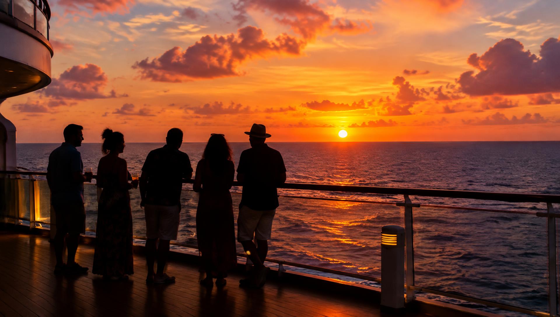 A small group of adults silhouetted at a ship railing during a Caribbean sunset