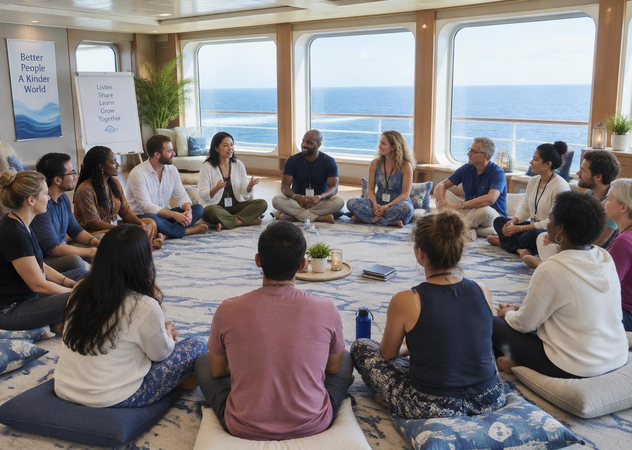 A small, diverse group sitting in a circle in a bright room aboard a ship with ocean views